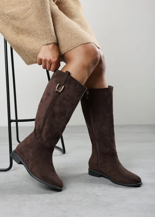 Where's That From Karella Dark Brown Faux Leather Knee High Riding Boot with Hardware Detail - 8 Image 5
