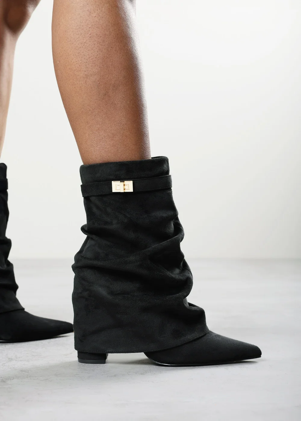 Where's That From Kylis Black Faux Suede Ruched Shark Fold Down Calf Boot With Lock Detail - 8 Image 1
