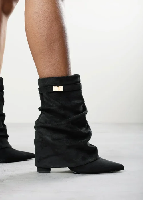 Where's That From Kylis Black Faux Suede Ruched Shark Fold Down Calf Boot With Lock Detail - 8 Image 1