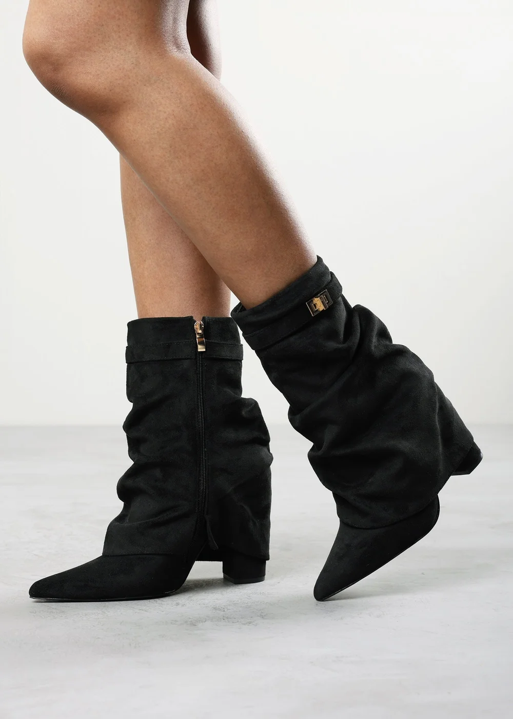 Where's That From Kylis Black Faux Suede Ruched Shark Fold Down Calf Boot With Lock Detail - 8 Image 2