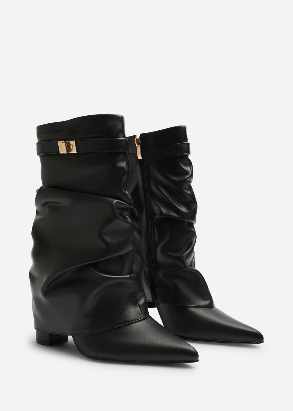 Where's That From Kylis Black PU Ruched Shark Fold Down Calf Boot With Lock Detail - 8 Image 3