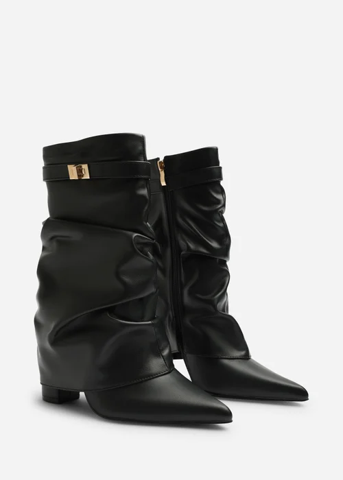 Where's That From Kylis Black PU Ruched Shark Fold Down Calf Boot With Lock Detail - 8 Image 3