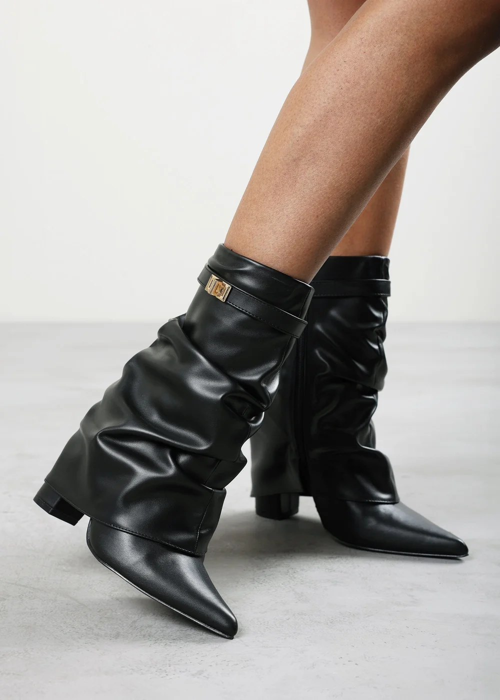 Where's That From Kylis Black PU Ruched Shark Fold Down Calf Boot With Lock Detail - 8 Image 5