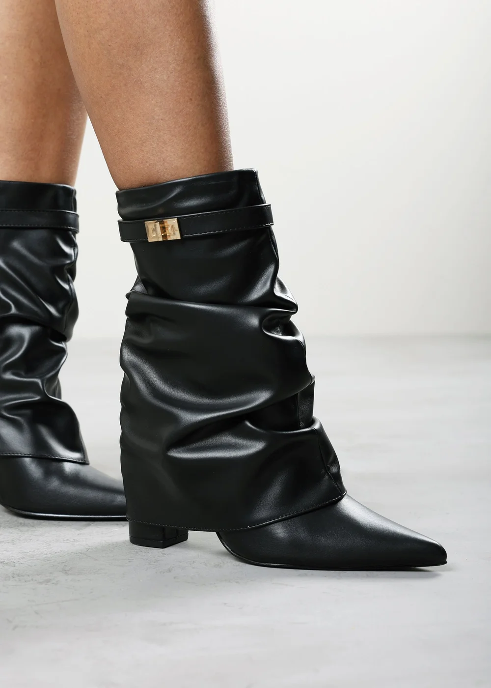 Where's That From Kylis Black PU Ruched Shark Fold Down Calf Boot With Lock Detail - 8 Image 2
