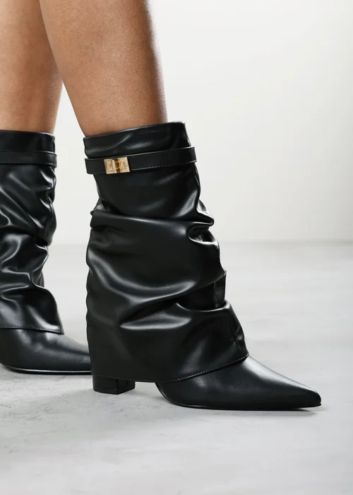 Where's That From Kylis Black PU Ruched Shark Fold Down Calf Boot With Lock Detail - 8 Image 2