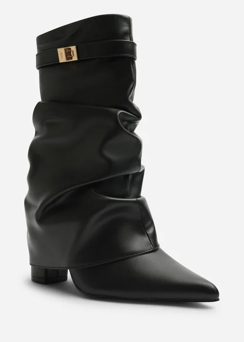 Where's That From Kylis Black PU Ruched Shark Fold Down Calf Boot With Lock Detail - 8 Image 1