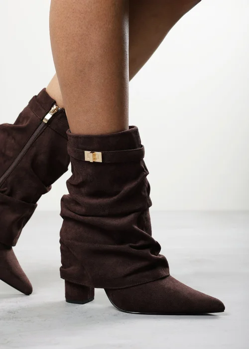 Where's That From Kylis Dark Brown Faux Suede Ruched Shark Fold Down Calf Boot With Lock Detail - 4 Image 1