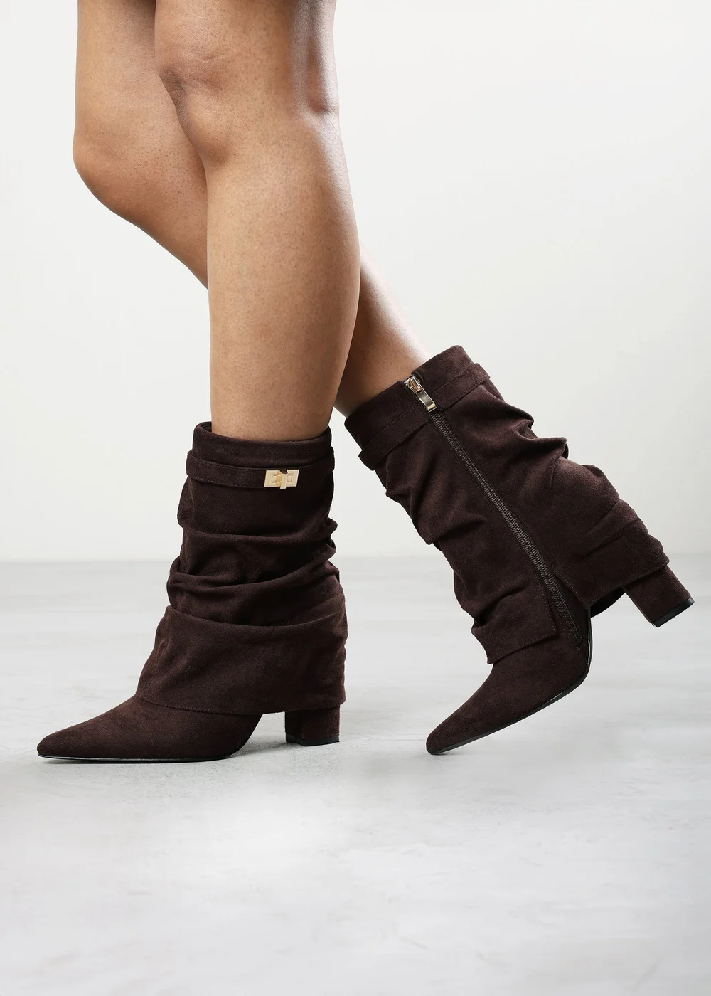 Where's That From Kylis Dark Brown Faux Suede Ruched Shark Fold Down Calf Boot With Lock Detail - 4 Image 2