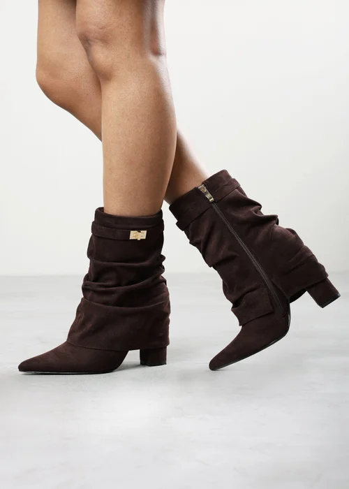 Where's That From Kylis Dark Brown Faux Suede Ruched Shark Fold Down Calf Boot With Lock Detail - 4 Image 2