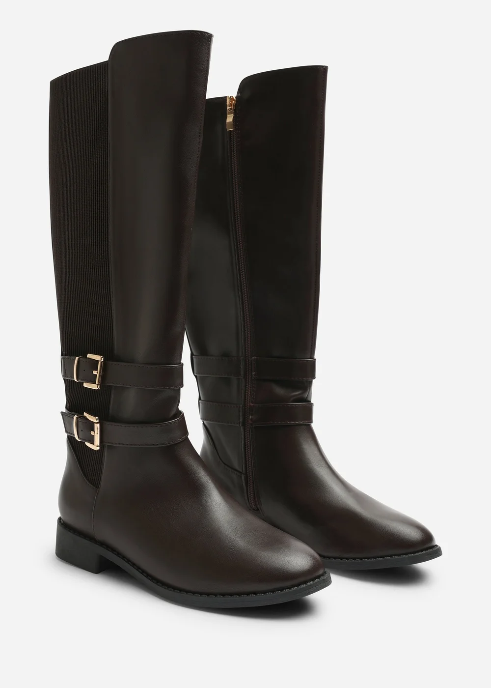 Where's That From Elaris Dark Brown PU Double Buckle Detail Stretch Elastic Knee High Riding Boots - 6 Image 3