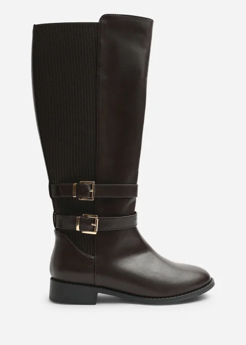 Where's That From Elaris Dark Brown PU Double Buckle Detail Stretch Elastic Knee High Riding Boots - 6 Image 1