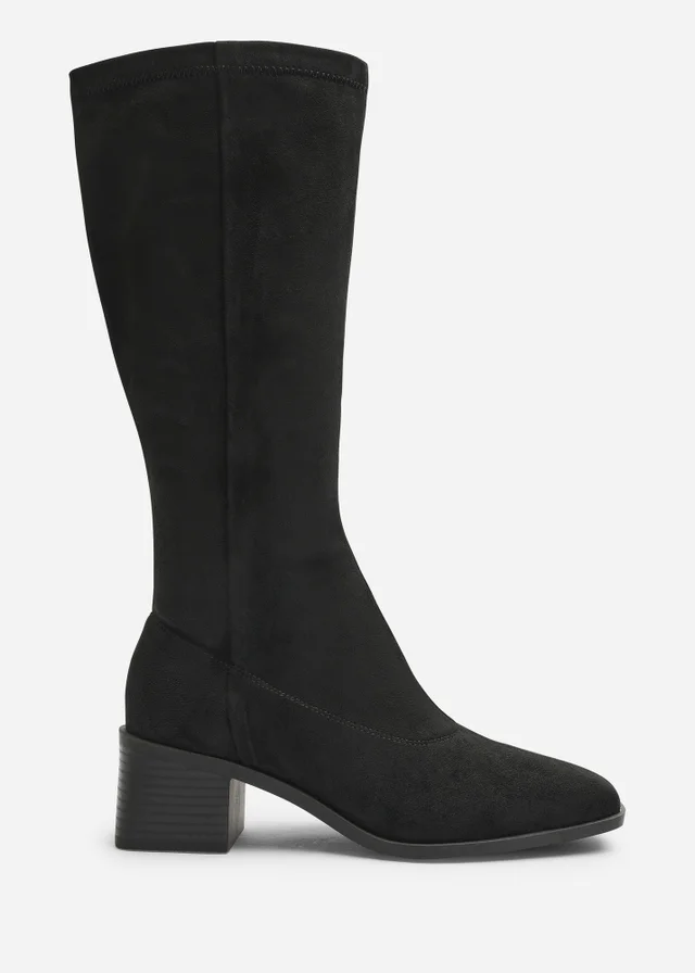 Where's That From Ezzira Black Square Low Block Heel Stretch Knee High Boots