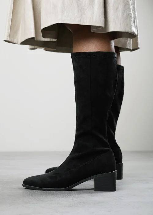 Where's That From Ezzira Black Square Low Block Heel Stretch Knee High Boots - 5 Image 2