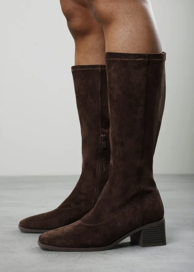 Where's That From Ezzira Dark Brown Square Low Block Heel Stretch Knee High Boots