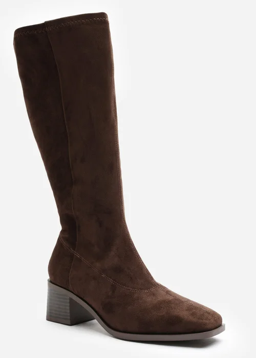 Where's That From Ezzira Dark Brown Square Low Block Heel Stretch Knee High Boots - 5 Image 3
