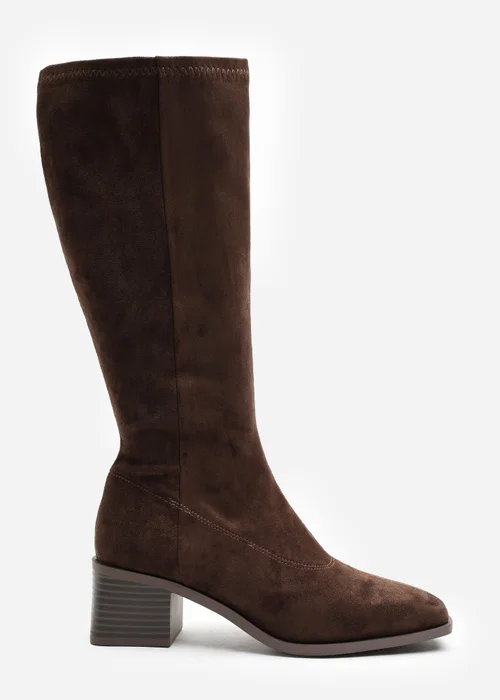 Where's That From Ezzira Dark Brown Square Low Block Heel Stretch Knee High Boots - 5 Image 1