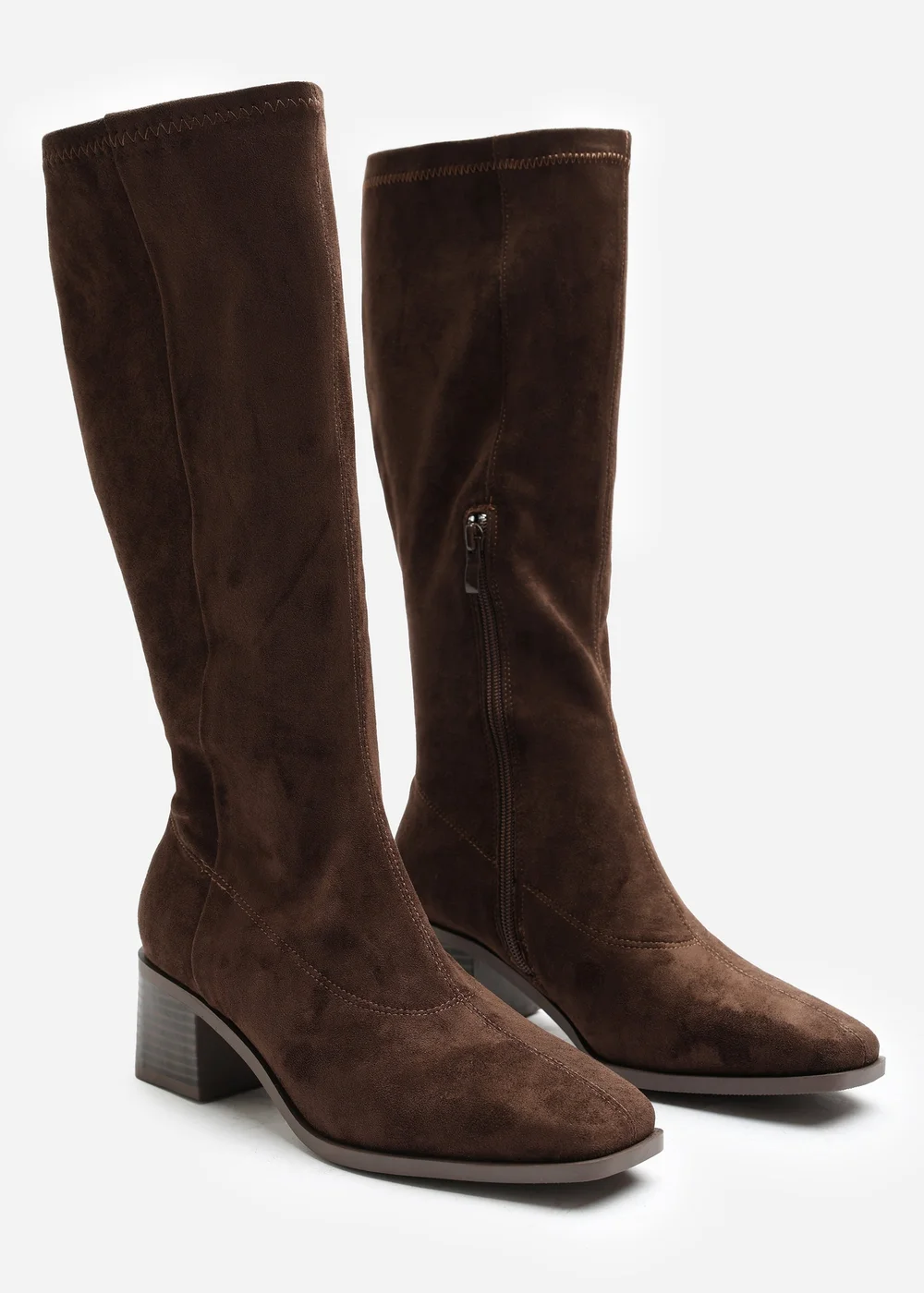Where's That From Ezzira Dark Brown Square Low Block Heel Stretch Knee High Boots - 5 Image 4