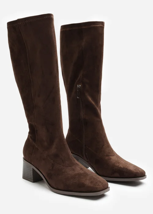 Where's That From Ezzira Dark Brown Square Low Block Heel Stretch Knee High Boots - 5 Image 4