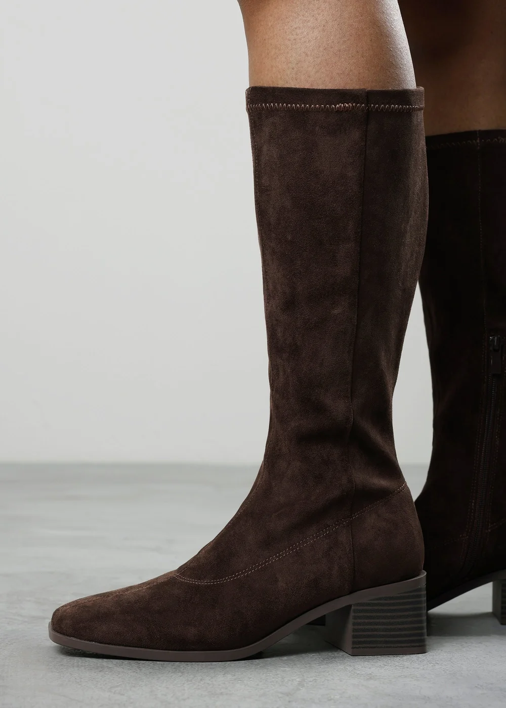 Where's That From Ezzira Dark Brown Square Low Block Heel Stretch Knee High Boots - 5 Image 6