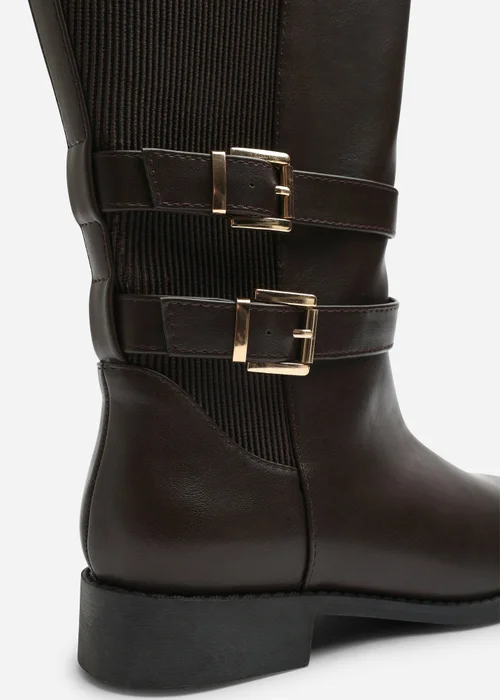Where's That From Elaris Dark Brown PU Wide Fit Double Buckle Detail Stretch Elastic Knee High Riding Boots - 4 Wide Image 4