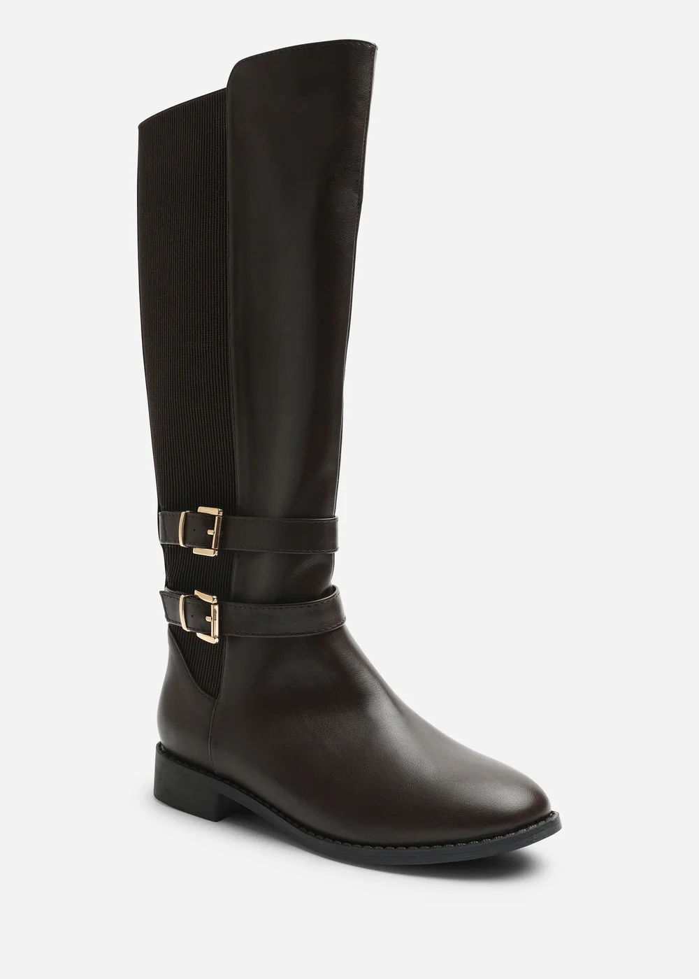 Where's That From Elaris Dark Brown PU Wide Fit Double Buckle Detail Stretch Elastic Knee High Riding Boots - 4 Wide Image 2
