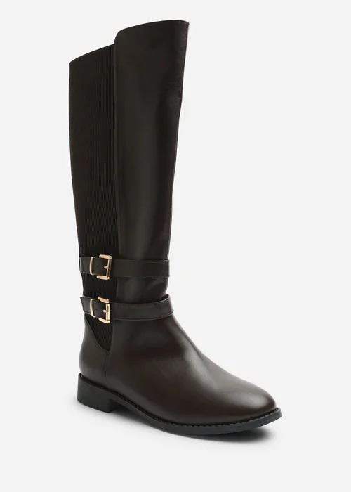 Where's That From Elaris Dark Brown PU Wide Fit Double Buckle Detail Stretch Elastic Knee High Riding Boots - 4 Wide Image 2