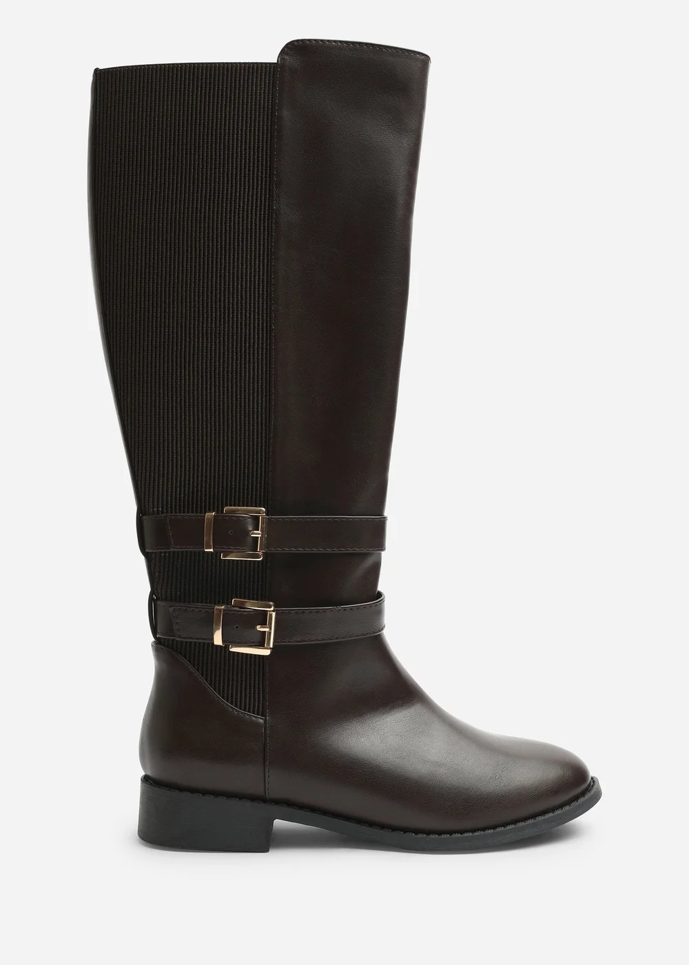 Where's That From Elaris Dark Brown PU Wide Fit Double Buckle Detail Stretch Elastic Knee High Riding Boots - 4 Wide Image 1