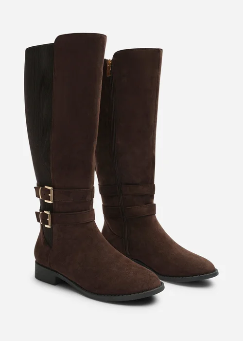 Where's That From Elaris Dark Brown Faux Suede Wide Fit Double Buckle Detail Stretch Elastic Knee High Riding Boots - 6 Wide Image 1