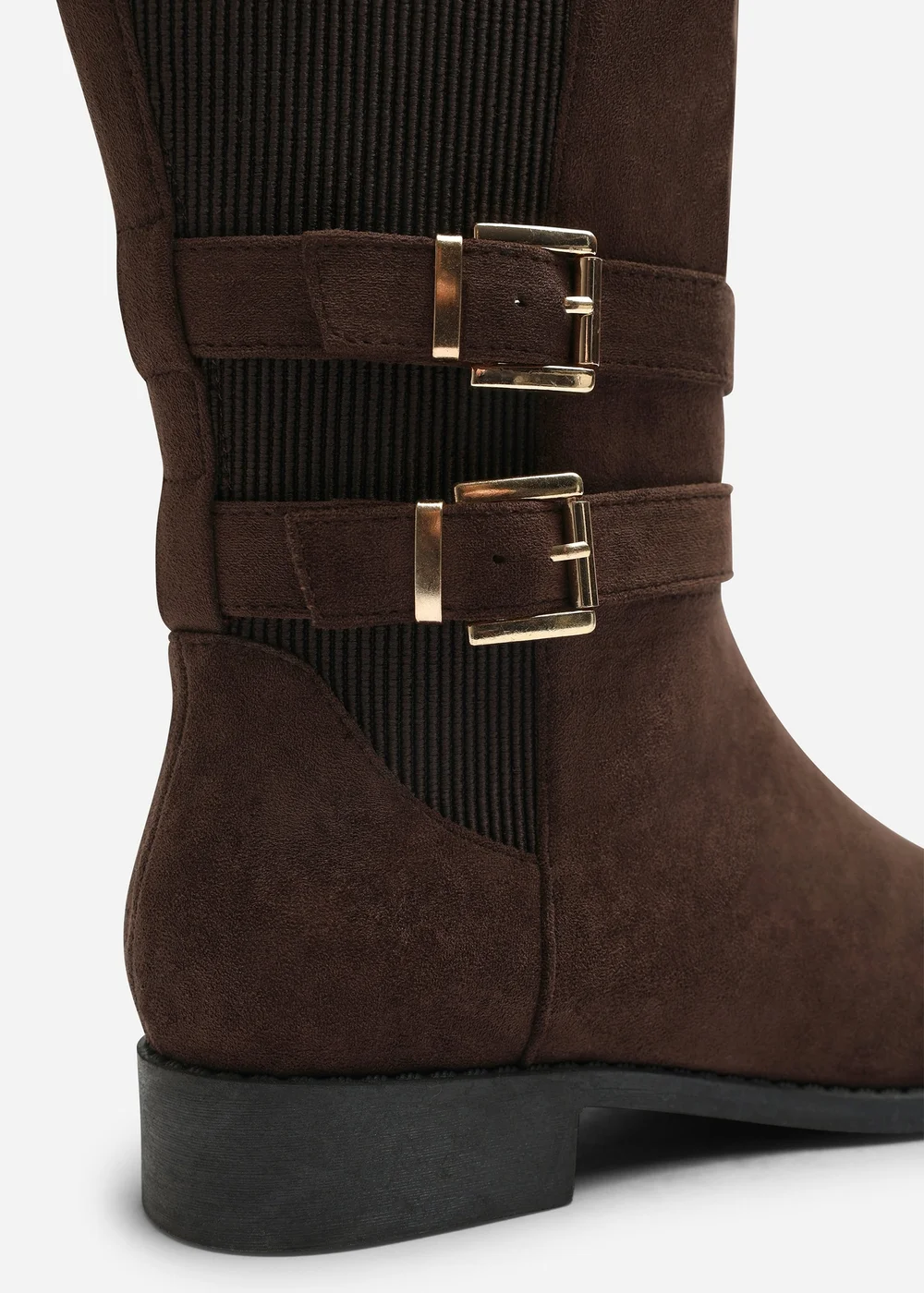Where's That From Elaris Dark Brown Faux Suede Wide Fit Double Buckle Detail Stretch Elastic Knee High Riding Boots - 6 Wide Image 2