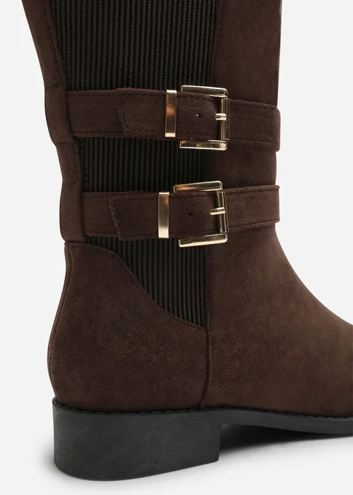 Where's That From Elaris Dark Brown Faux Suede Wide Fit Double Buckle Detail Stretch Elastic Knee High Riding Boots - 6 Wide Image 2