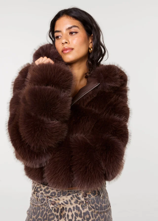 Pink Vanilla Brown Hooded Pelted Fur Jacket