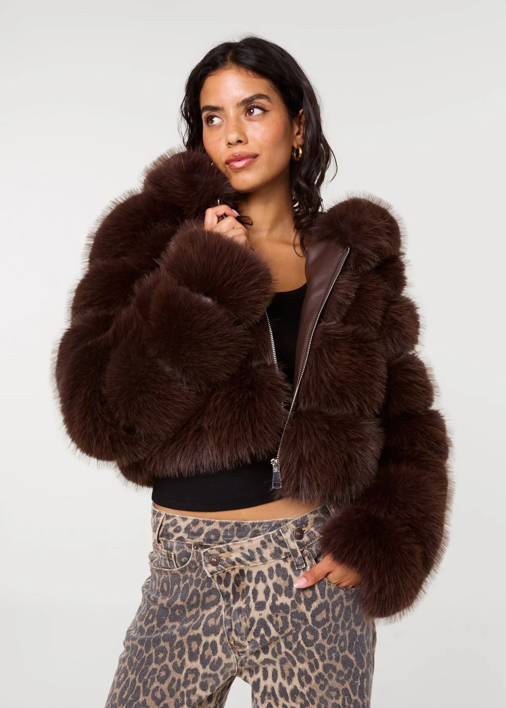 Pink Vanilla Brown Hooded Pelted Fur Jacket - M Image 3
