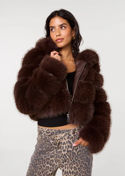 Pink Vanilla Brown Hooded Pelted Fur Jacket - M Image 3