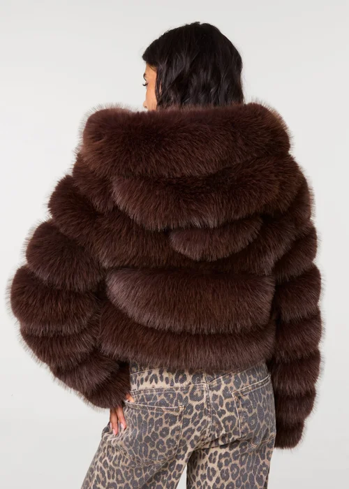 Pink Vanilla Brown Hooded Pelted Fur Jacket - M Image 4