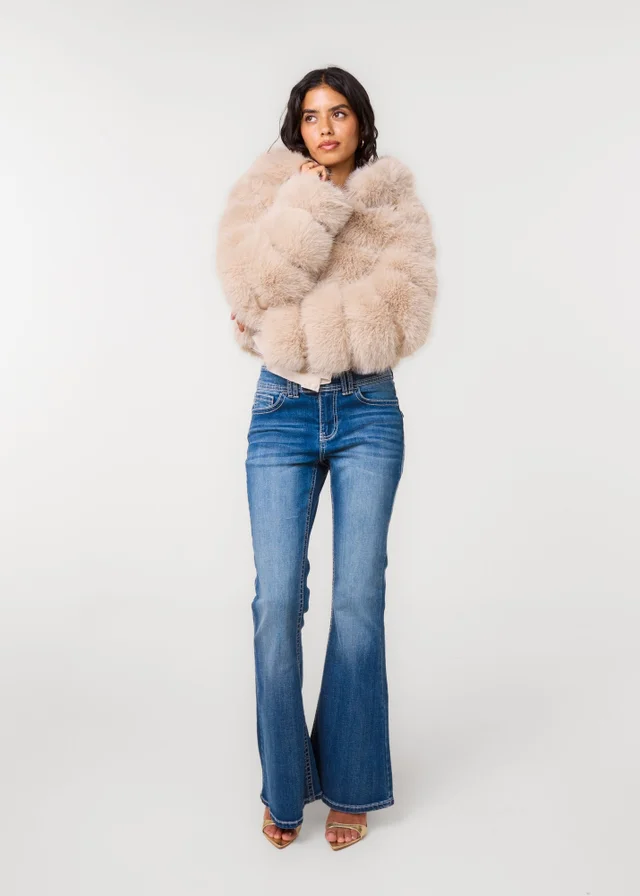 Pink Vanilla Beige Hooded Pelted Fur Jacket