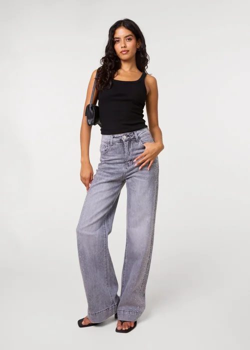 Pink Vanilla Grey Diamante Side Wide Leg Jeans - 6 Image 1