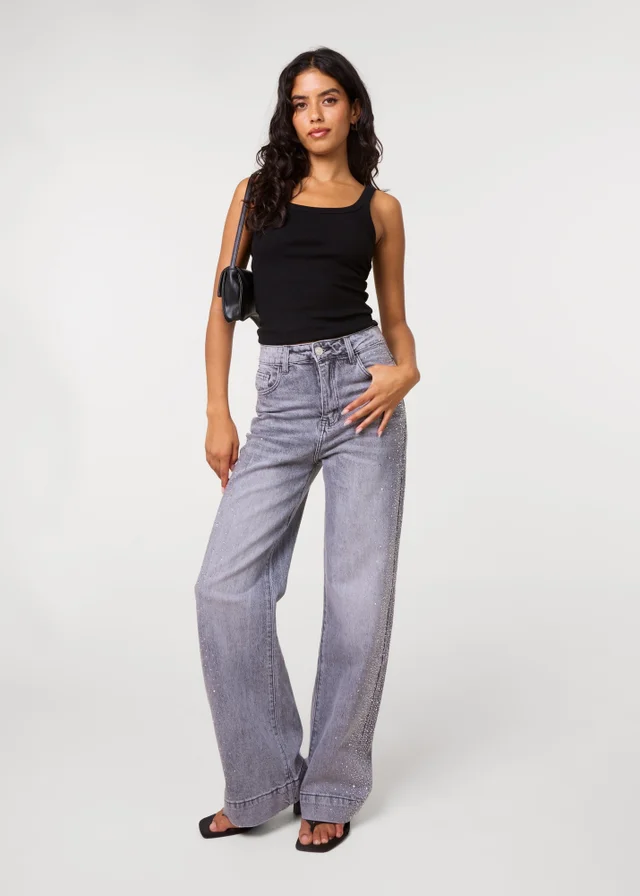 Pink Vanilla Grey Diamante Side Wide Leg Jeans
