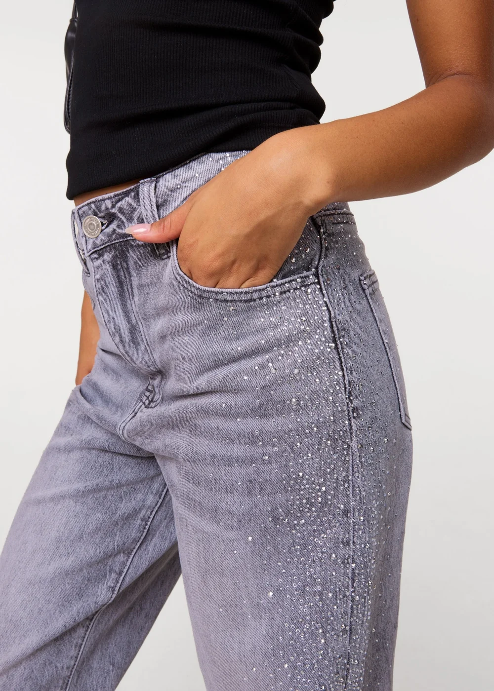 Pink Vanilla Grey Diamante Side Wide Leg Jeans - 6 Image 3