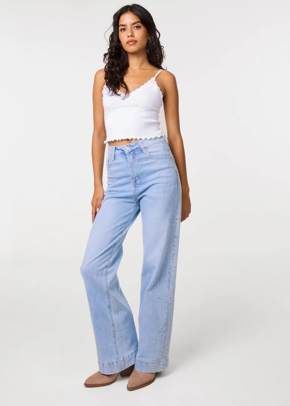 Pink Vanilla Blue Diamante Side Wide Leg Jeans - 6 Image 1