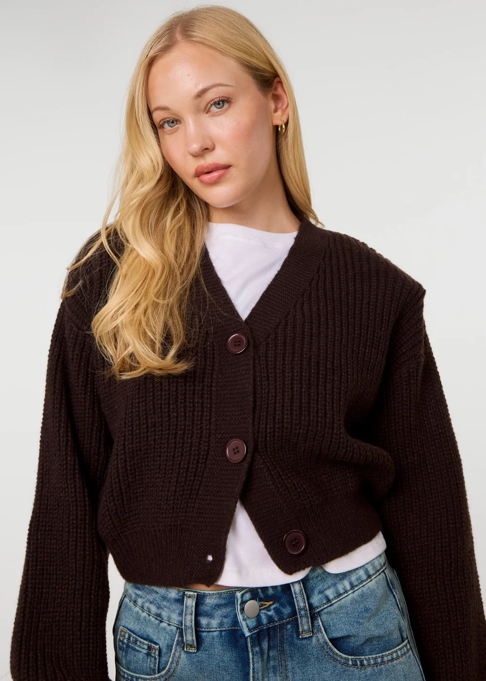 Pink Vanilla Brown Cropped Button Cardigan - S/M Image 3