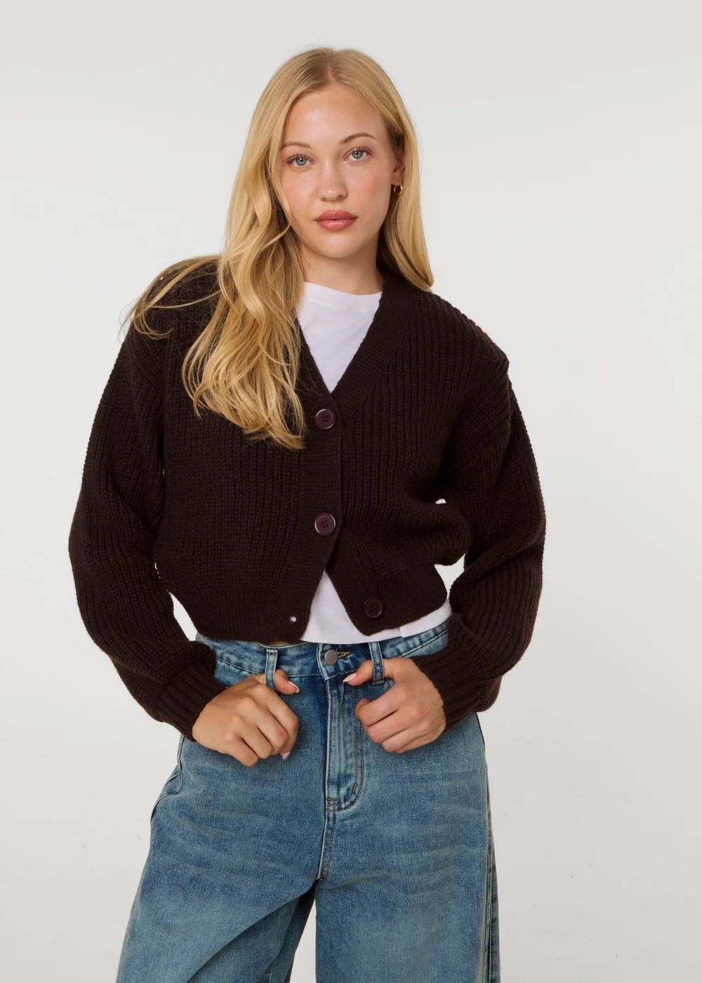 Pink Vanilla Brown Cropped Button Cardigan - S/M Image 2