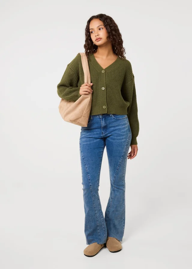 Pink Vanilla Khaki Cropped Button Cardigan
