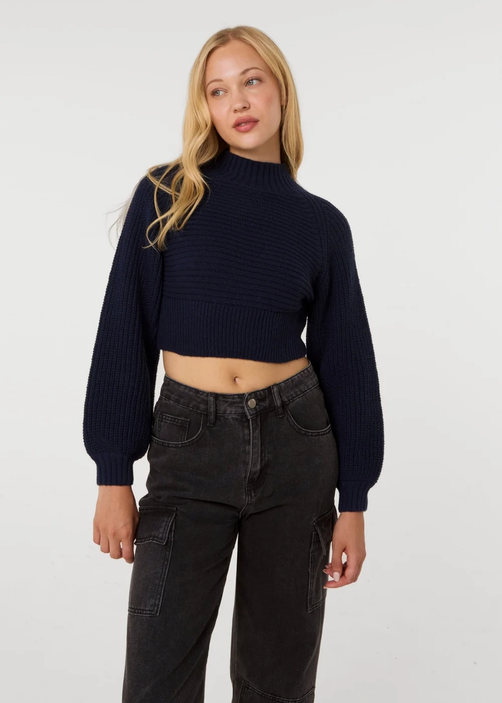 Pink Vanilla Navy High Neck Knitted Crop Jumper - S/M Image 1