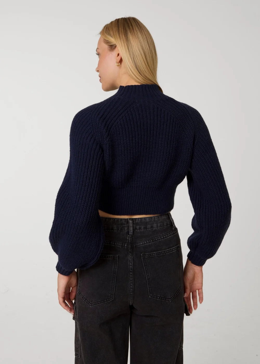 Pink Vanilla Navy High Neck Knitted Crop Jumper - S/M Image 4
