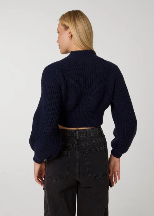 Pink Vanilla Navy High Neck Knitted Crop Jumper - S/M Image 4