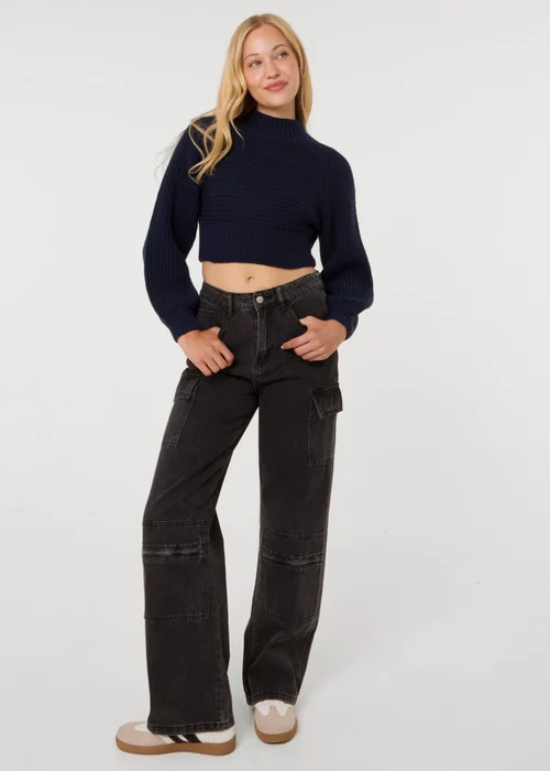 Pink Vanilla Navy High Neck Knitted Crop Jumper - S/M Image 2