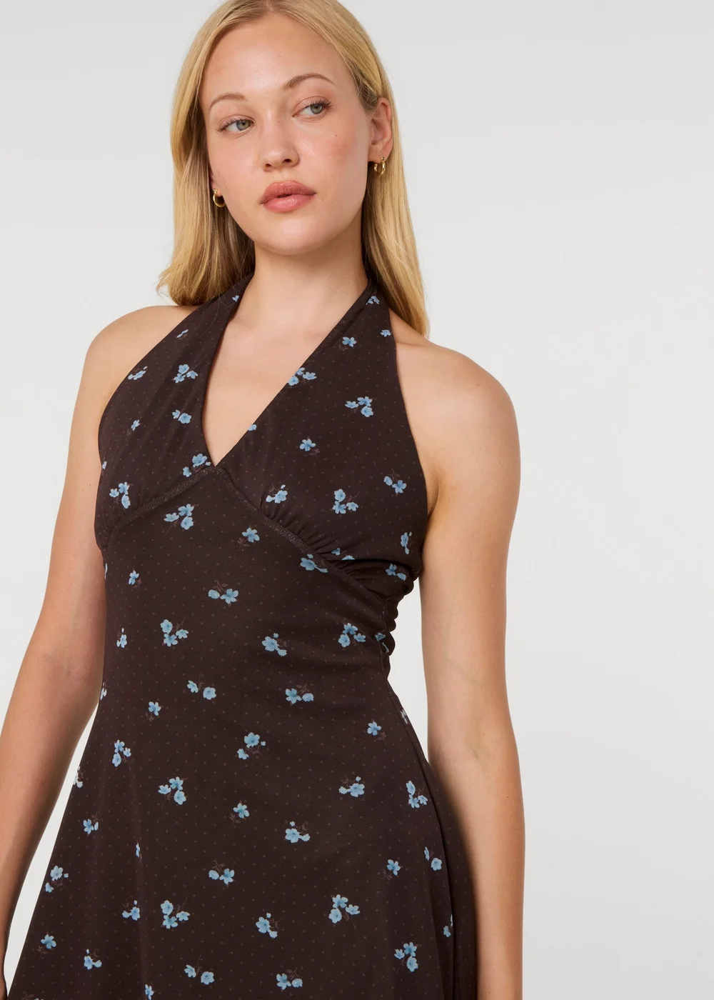 Pink Vanilla Brown Floral Polka Dot Mesh Halter Dress - M Image 3