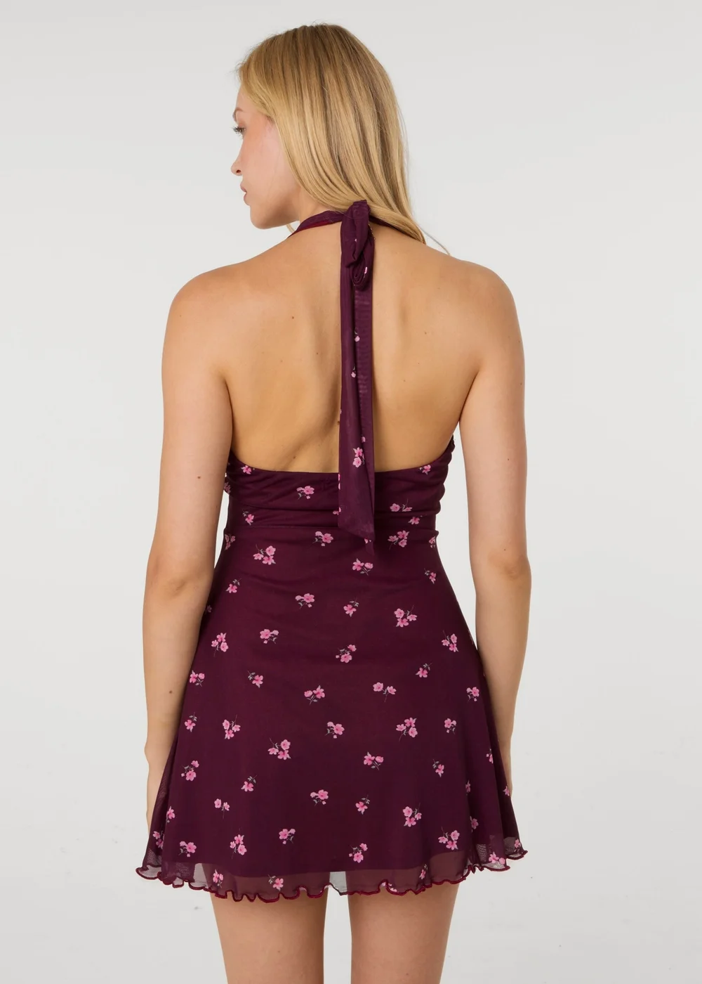 Pink Vanilla Purple Floral Polka Dot Mesh Halter Dress - S Image 4