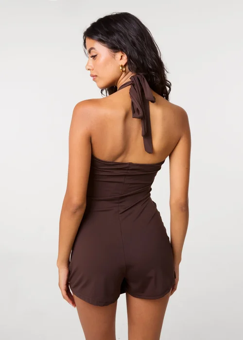 Pink Vanilla Brown Halterneck Mini Dress with Gold Buckle Detail - M/L Image 4