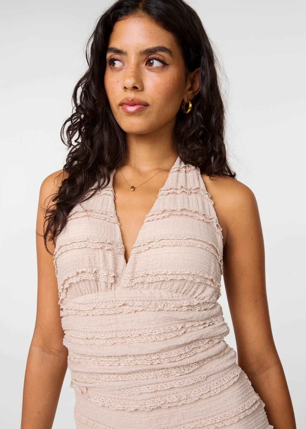 Pink Vanilla Beige Textured Ruffle Halterneck Dress - One Size Image 3